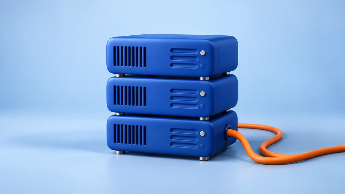 Skulptural blå server med en orange kabel