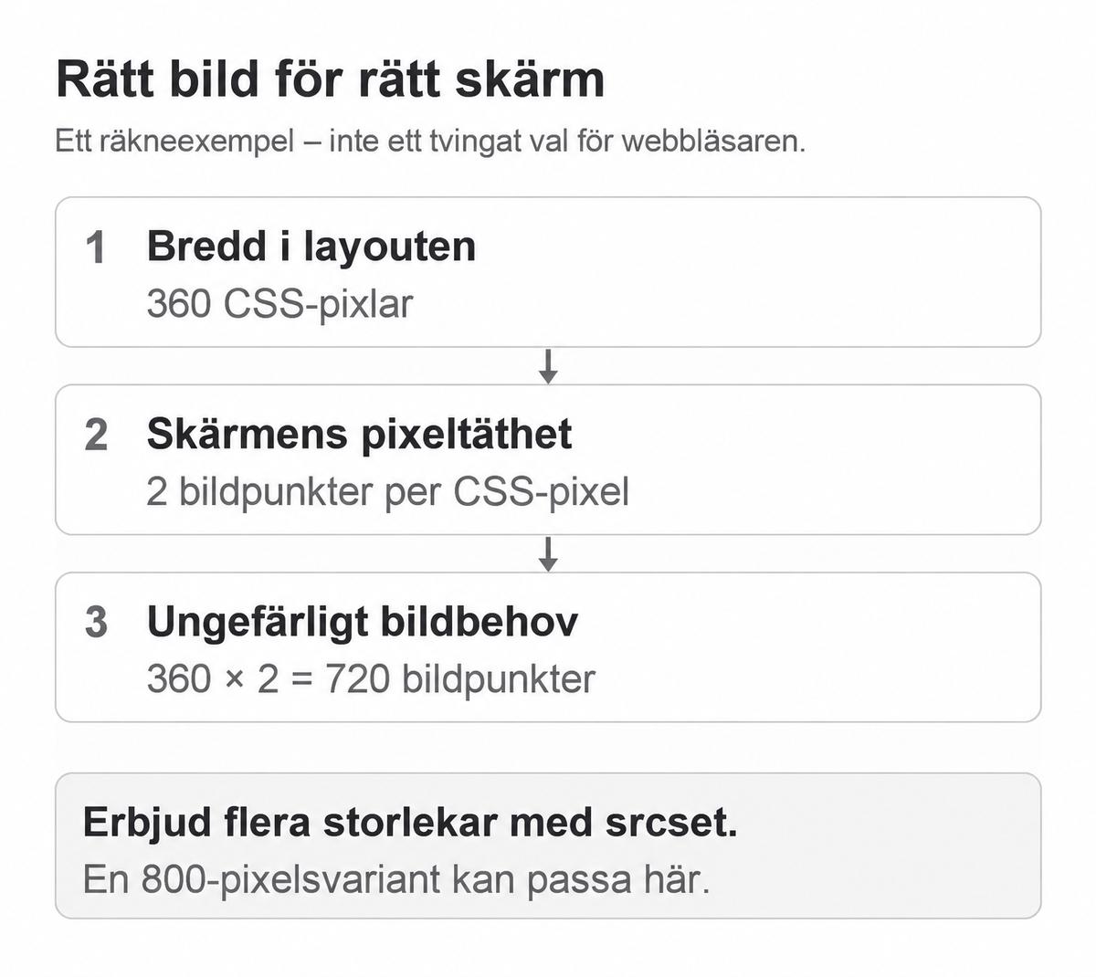 360 CSS-pixlars visningsbredd gånger pixeltäthet 2 ger cirka 720 bildpunkter. En 800-pixelsvariant är en möjlig kandidat.