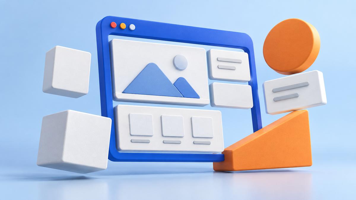 Blå byggblock formar en webbläsare med orange detaljer